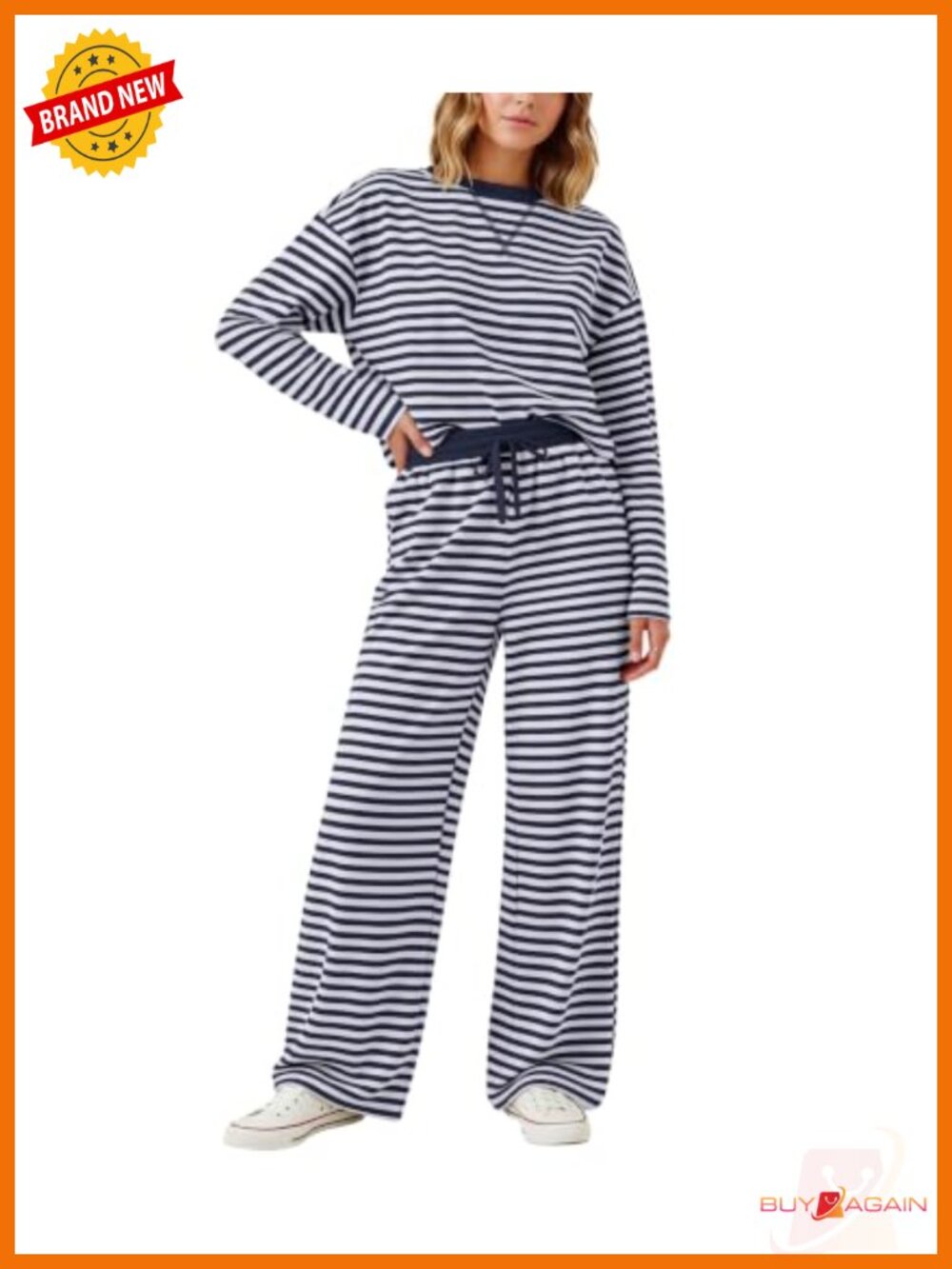 Womens Striped 2 Piece Lounge Set Long Sleeve T Shirt Wide Leg Pants Cotton